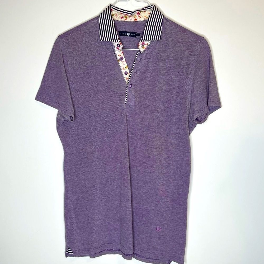 Stone Rose Mens Purple Heathered Polo Shirt Floral Striped Trim Size 2 M BB-003 - Picture 2 of 5